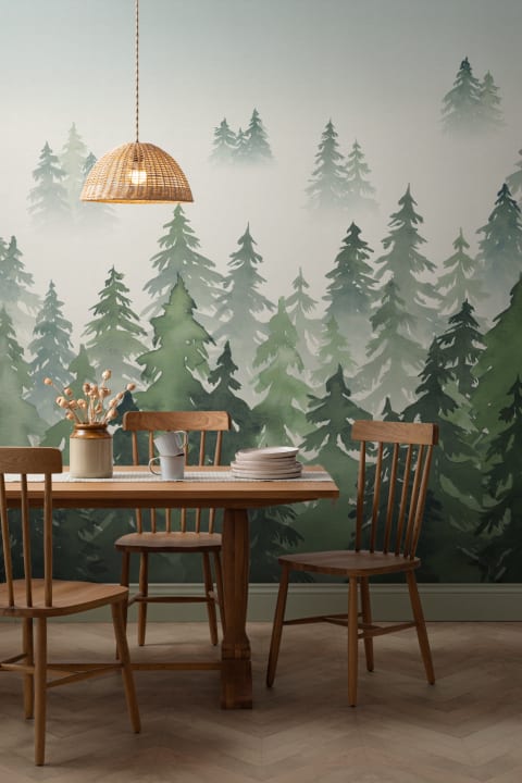 Green Watercolor Forest Tree Silhouette Wallpaper Mural