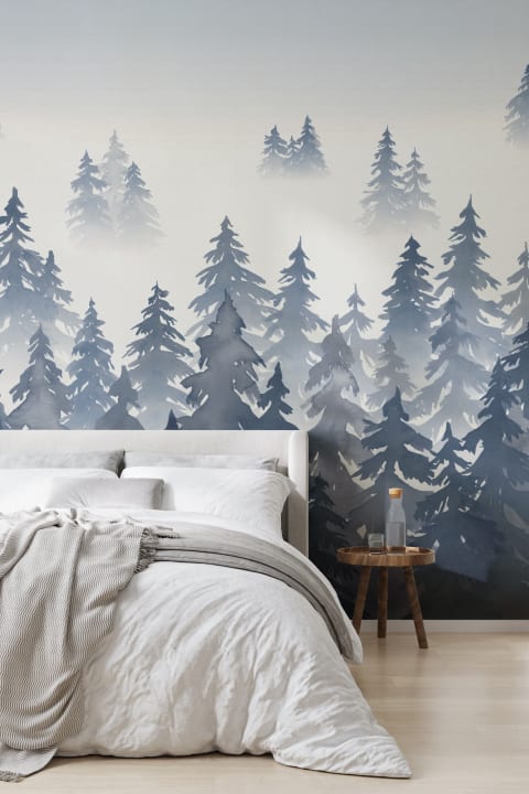 Blue Watercolor Forest Tree Silhouette Wallpaper Mural
