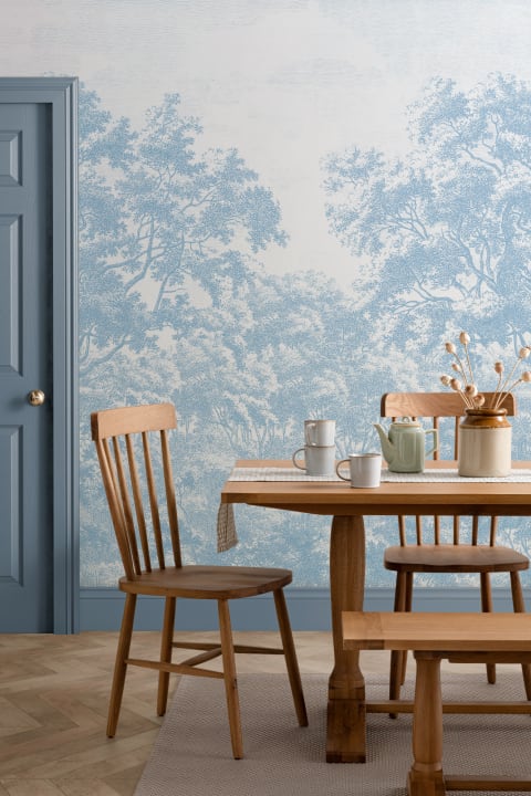 Blue Forest Illustration Etching Wallpaper Mural