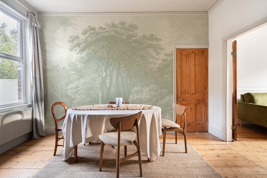 Vintage Forest Etching Wall Mural in Sage Green Tones