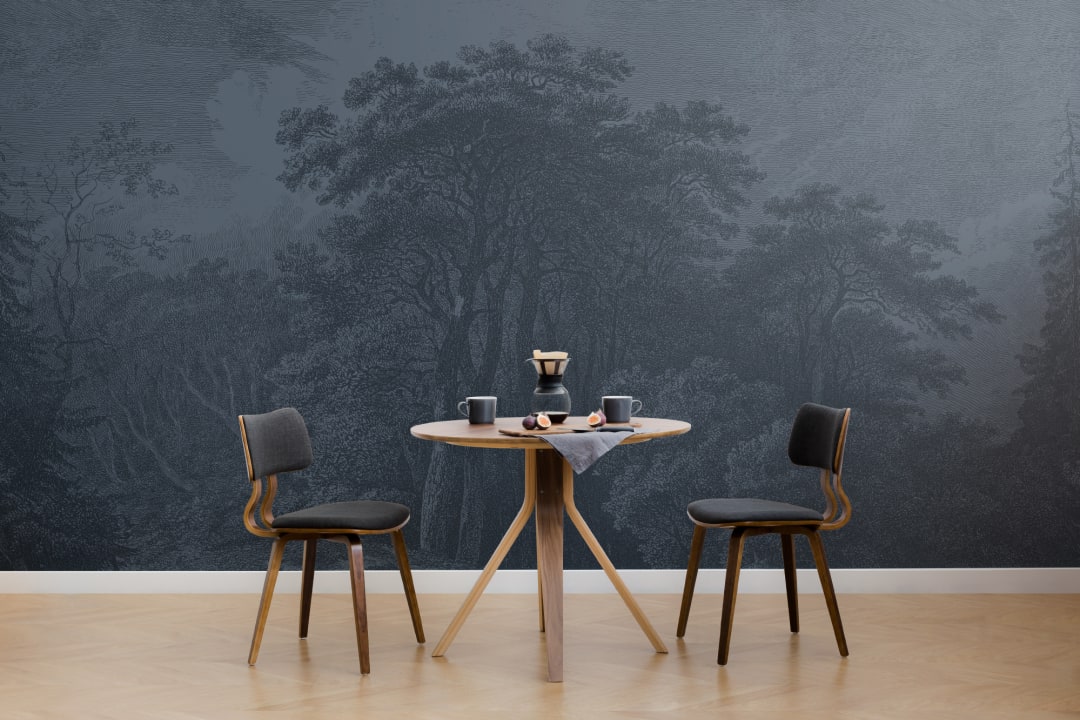 Vintage Forest Etching Wall Mural in Deep Navy Blue