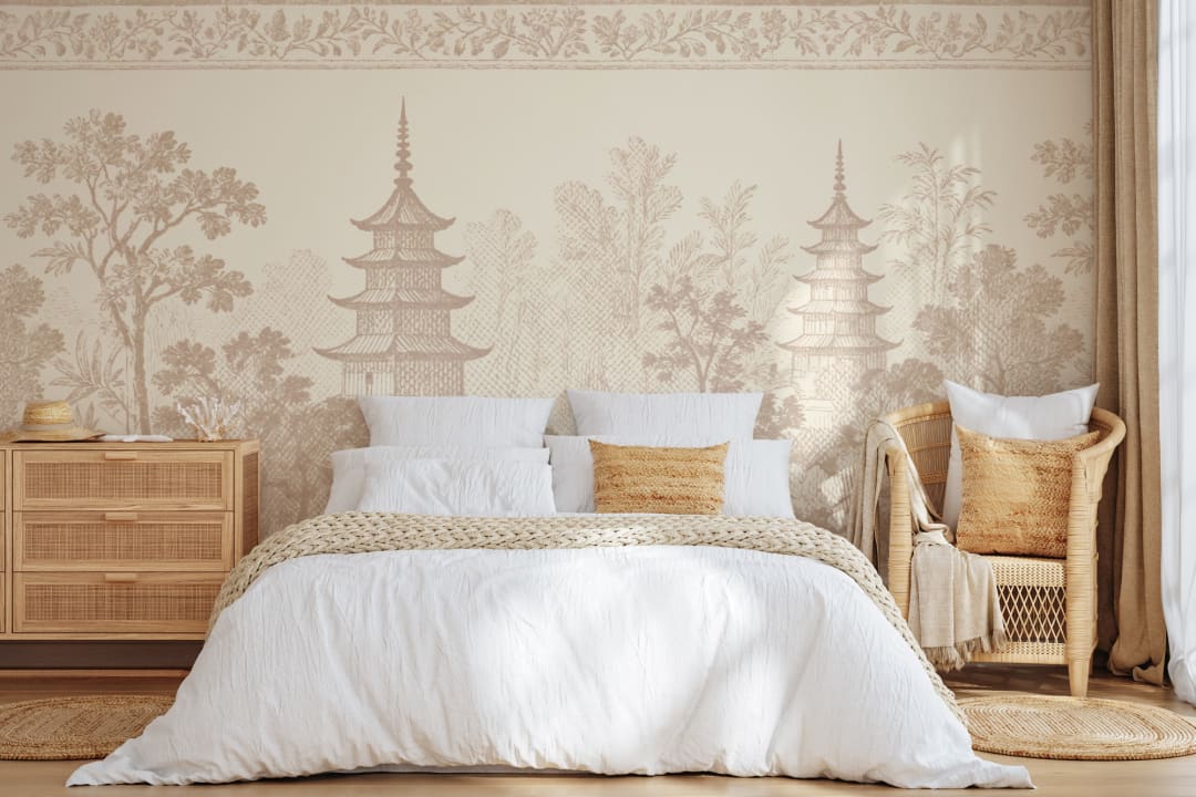 Neutral Oriental Pagoda Landscape Serenity Wall Mural