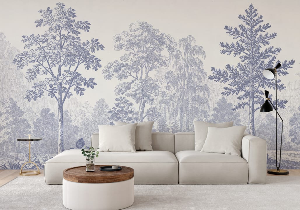 Blå Vintage Forest Nature Mural-tapeter för fridfulla utrymmen
