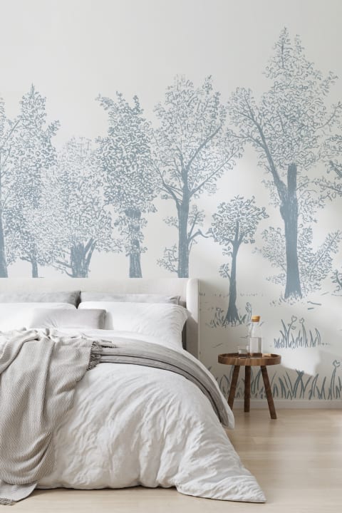 Blue Illustrated Traditional European Forest Mural