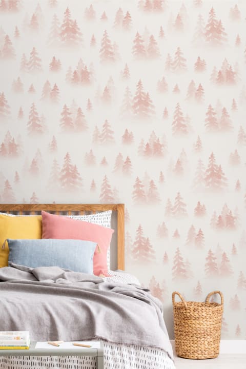 Pink Watercolor Birch Tree Forest Wallpaper Mural