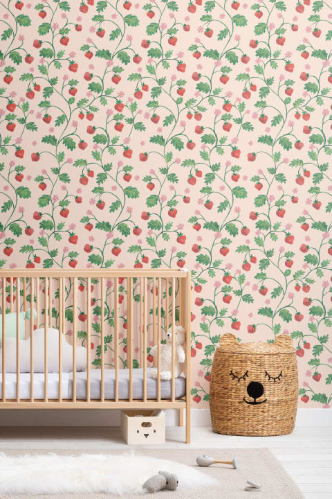 Papier peint beige vintage aquarelle fraise et feuillage