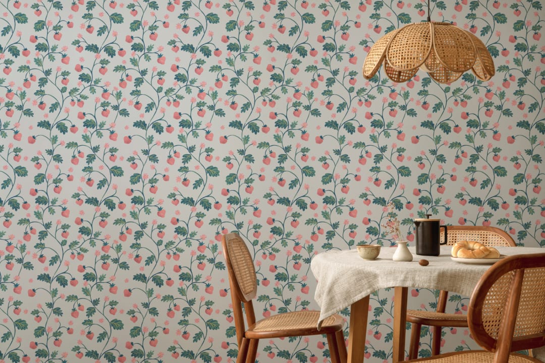 Blue Vintage Watercolor Strawberry & Foliage Wallpaper