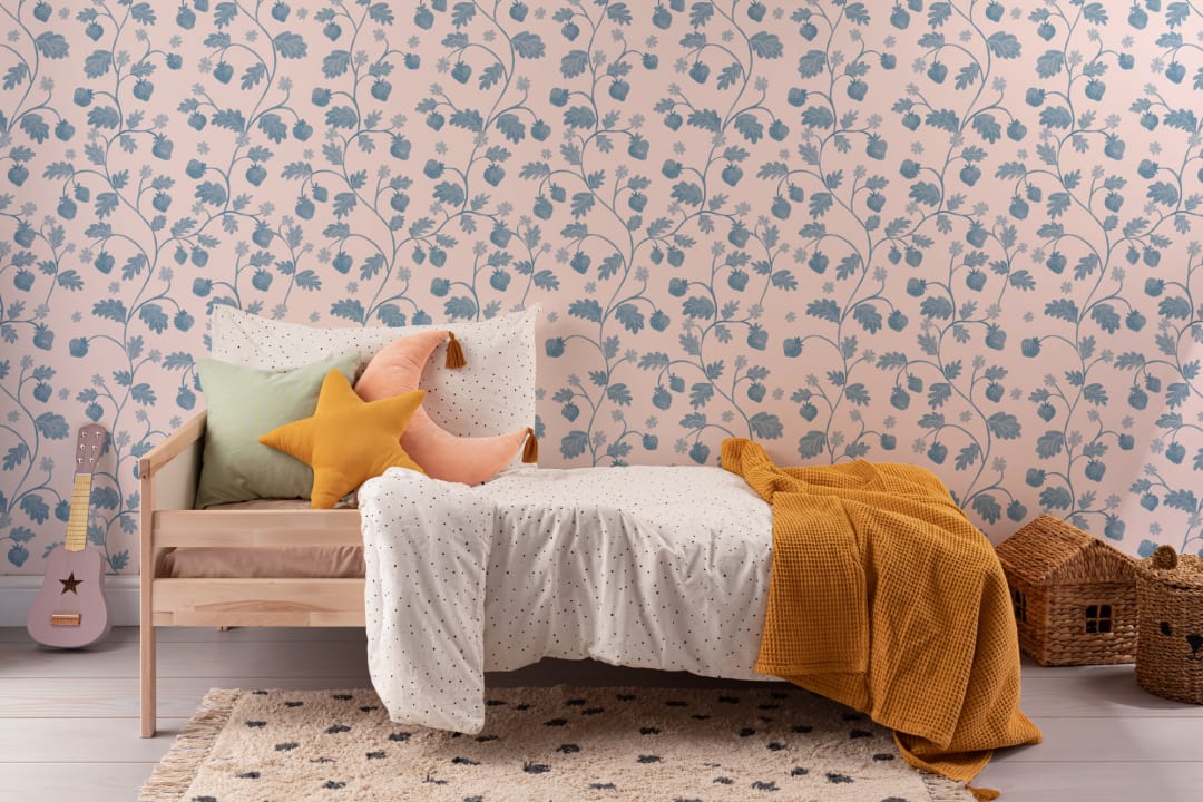 Pink Vintage Watercolor Strawberry & Foliage Wallpaper