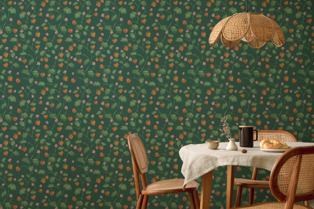 Green Vintage Watercolor Strawberry & Foliage Wallpaper