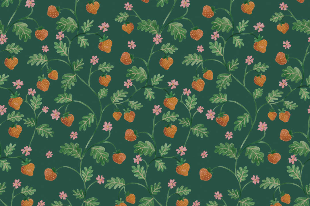 Papier peint vert vintage aquarelle fraise et feuillage