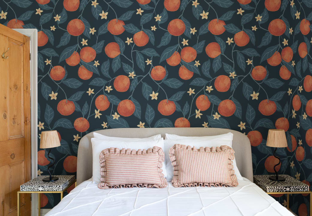 Dark Blue Botanical Oranges Mural