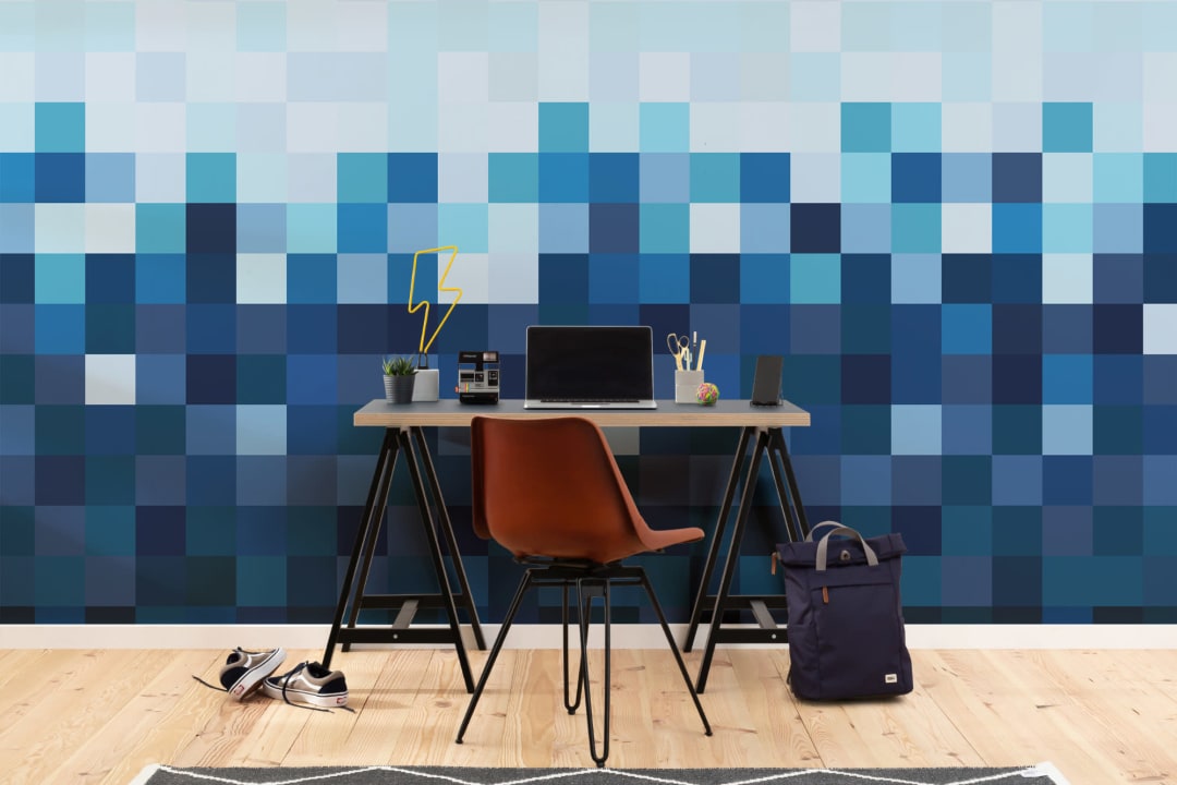 Blue Squares Pixel Style Ombre Wallpaper Mural