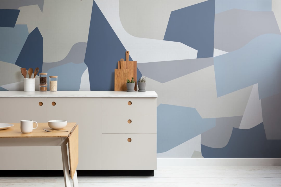 Blue & Gray Camo Shapes Wallpaper Mural