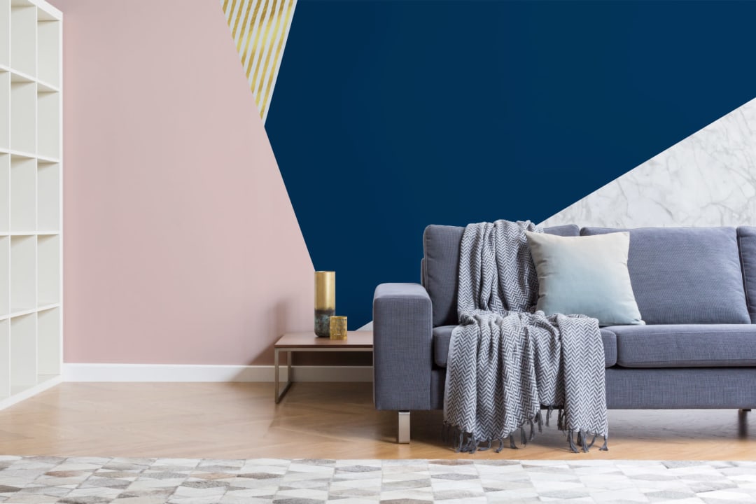 Mural Papel Pintado Geométrico Rosa Azul Mármol y Oro