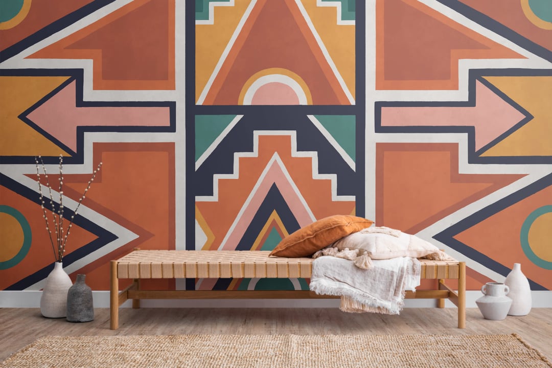 Mural Papel Pintado Africano Arte Ndebele Naranja y Azul