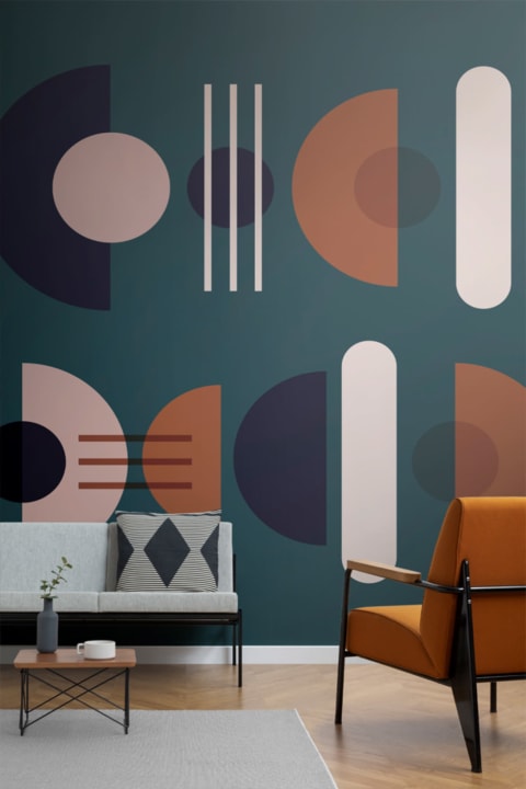 Mural Papel Pintado Fondo Verde Oscuro y Formas Geométricas al Estilo Mid Century Modern