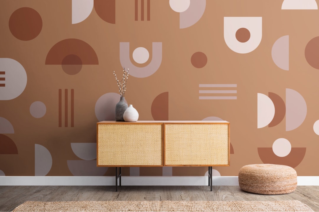 Mural Papel Pintado Formas Geométricas al Estilo Mid Century Modern en Tonos Terrosos
