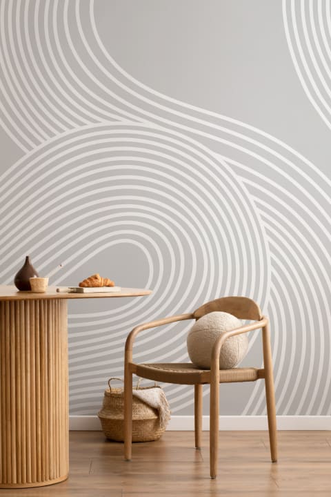 Gray Curvy Lines Modern Zen Garden Wallpaper Mural