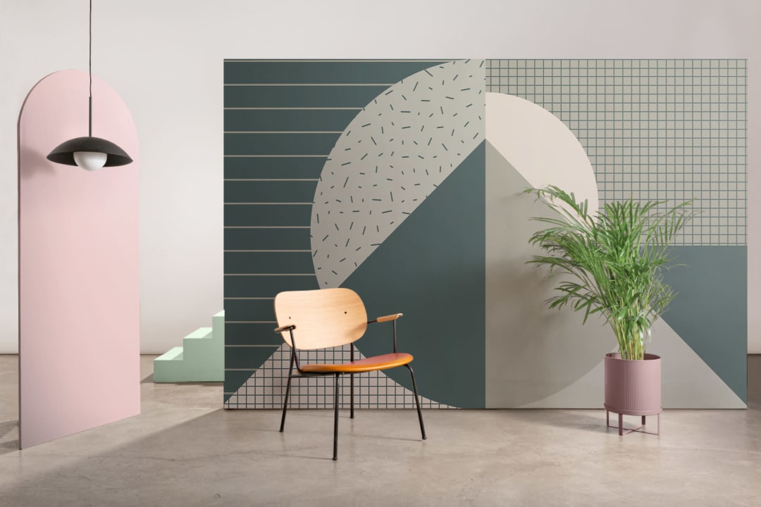 Mural Papel Pintado Verde con Formas Geométricas Estilo Memphis