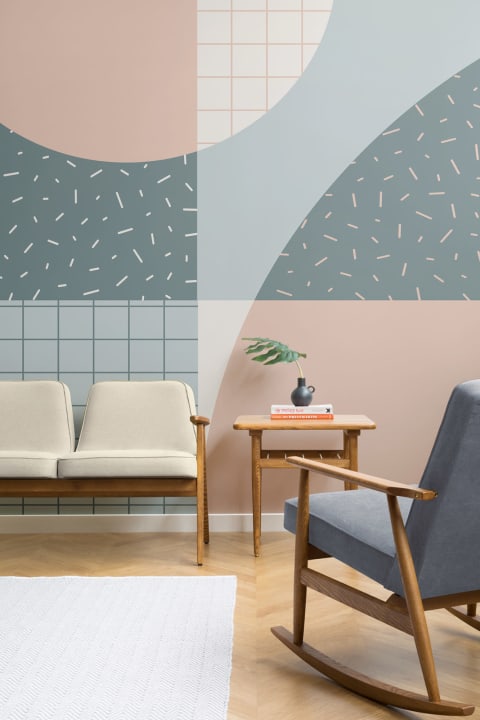 Mural Papel Pintado Rosa y Azul Claro con Formas Geométricas Memphis