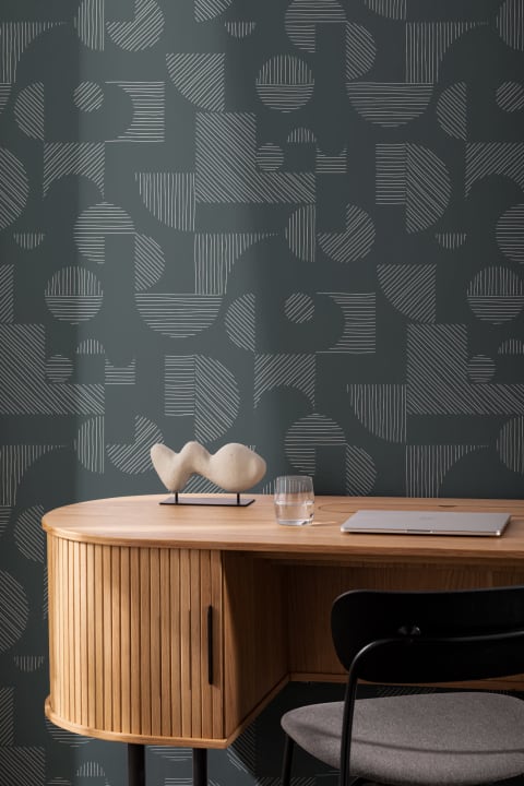 Papel Pintado Verde Oscuro con Motivos de Líneas y Formas Geométricas