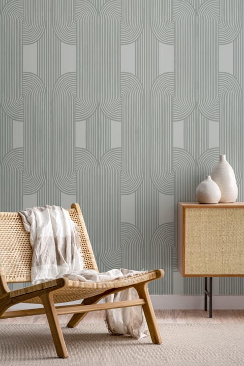 Papel Pintado Verde con Motivos de Líneas y Curvas Entrelazadas