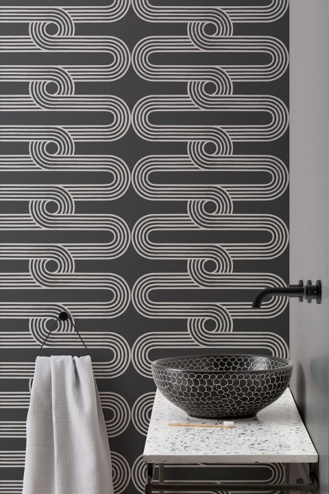 Black & White Stripes and Curves Repeat Pattern Wallpaper