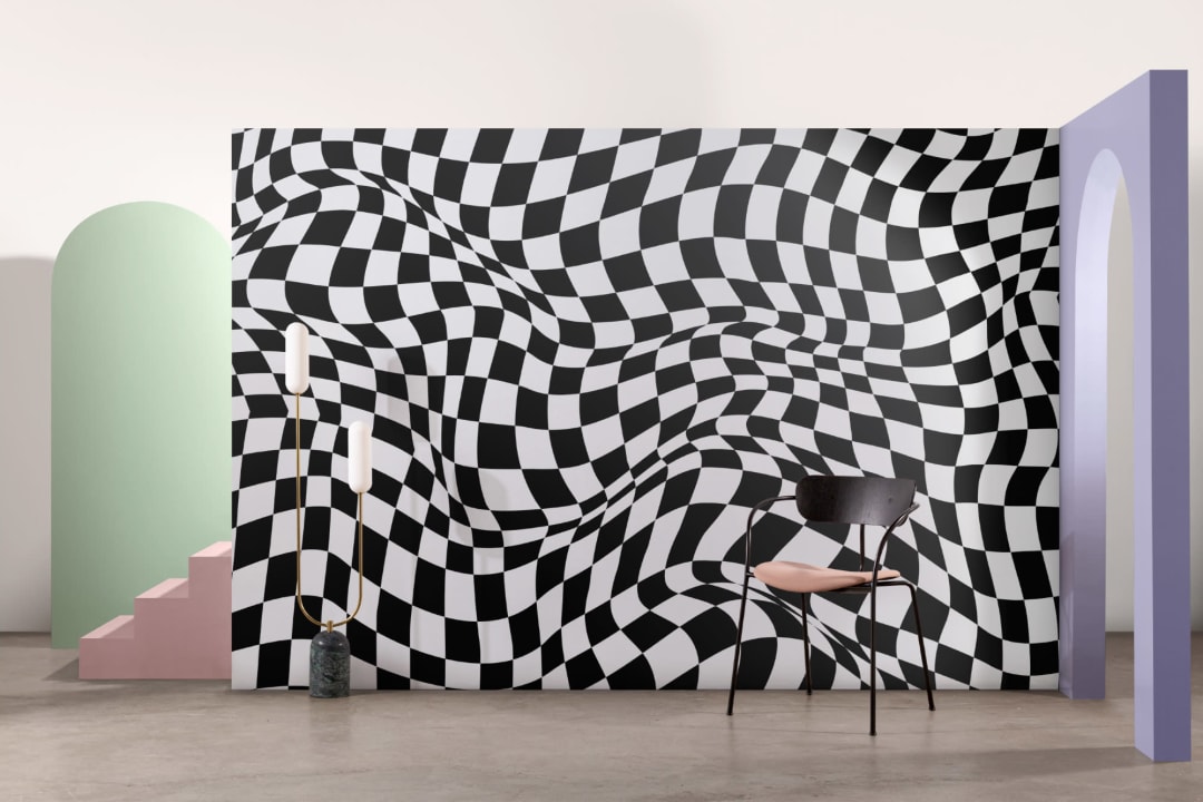 Mural Papel Pintado Blanco y Negro a Cuadros con Efecto Ondulado e Ilusión Óptica
