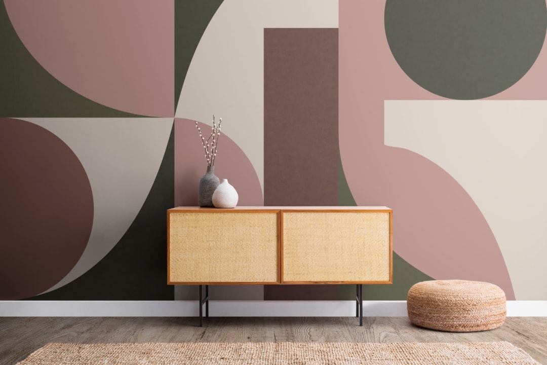 Mural Geométrico Rosa y Verde Estilo Mid Century