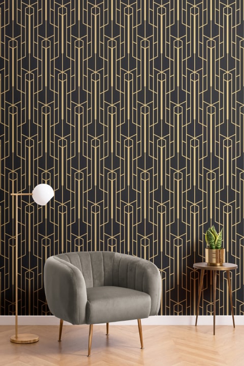Yellow & Black Geometric Repeat Pattern Wallpaper