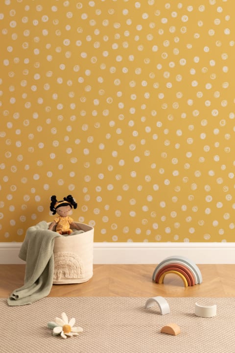 Yellow Illustrated Polka Dot Wallpaper Mural