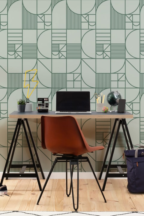 Papel Pintado Geométrico Verde con Motivo de Líneas Rectas y Curvas