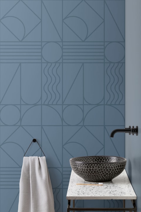 Papel Pintado Azul Petróleo con Motivo Geométrico de Líneas Rectas y Curvas