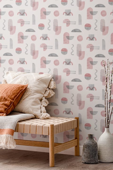 Papel Pintado Dibujos Geométricos en Rosa y Gris a la Acuarela