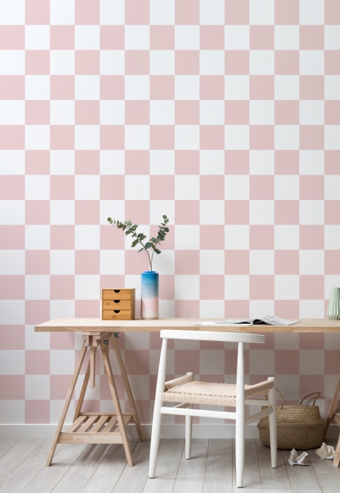 Pink and White Checkerboard Squares Repeat Pattern Wallpaper