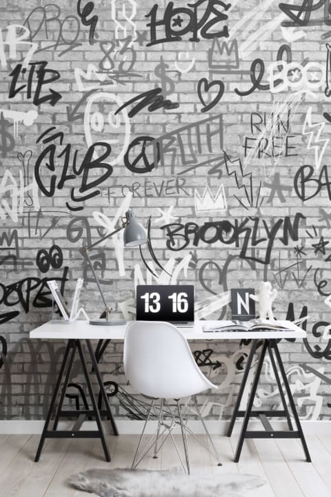 Monochrome NYC Graffiti Brick Wall Wallpaper Mural