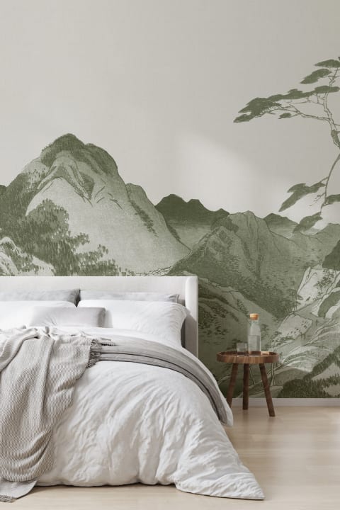 Green Japanese Mountain Landscape Art Wall Mural