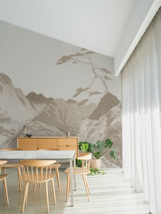 Scenic Beige Japanese Art Mountain Landscape Mural