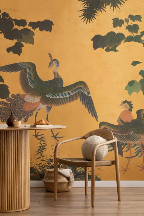 Yellow Illustrated Japanese Peacock Mural