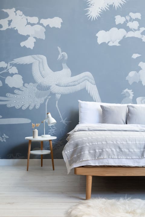 Blue Illustrated Japanese Peacock Mural