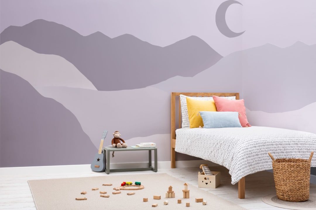 Purple Moon and Mountains Night Landscape Handmade Wallpaper Mural