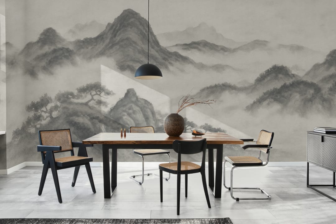 Charcoal Japanese Mountain Landscape Wall Mural