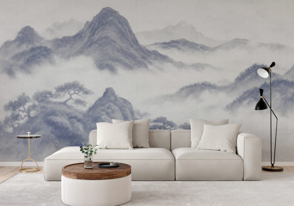 Indigo Japanese Mountain Landscape Wall Mural for Elegance