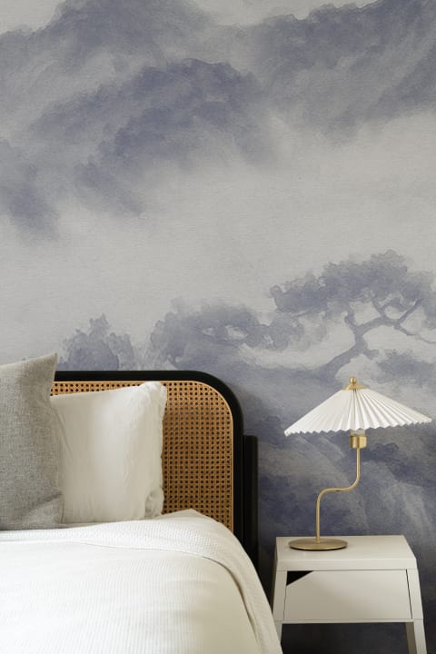 Indigo Japanese Mountain Landscape Wall Mural for Elegance