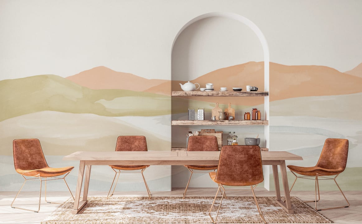 Orange Watercolor Valley Landscape Mural