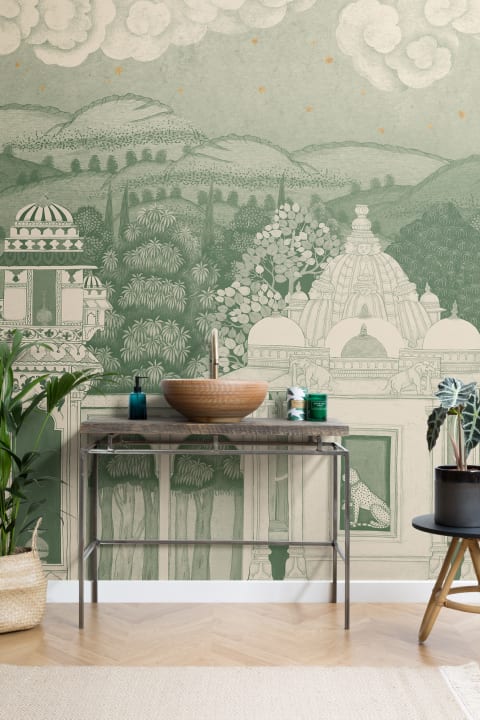 Green Temple Valley Landscape Mural