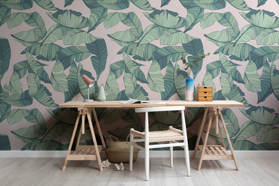 Pink & Green Tropical Leaf Wallpaper Mural