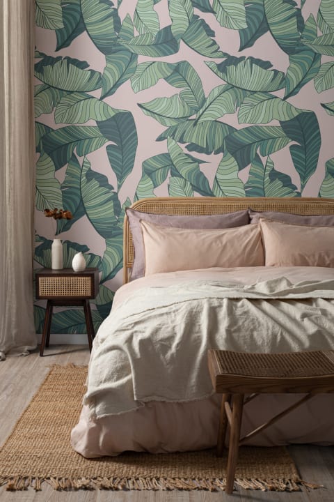 Pink & Green Tropical Leaf Wallpaper Mural