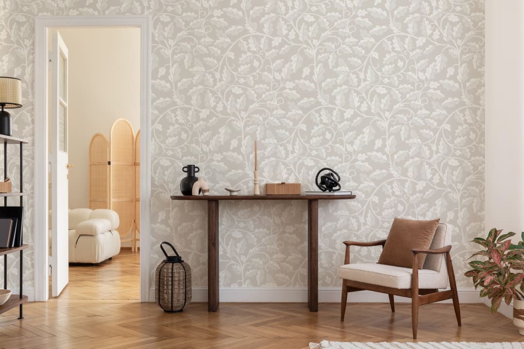 Neutral Oak Leaf Pattern Mural For Tranquil Spaces