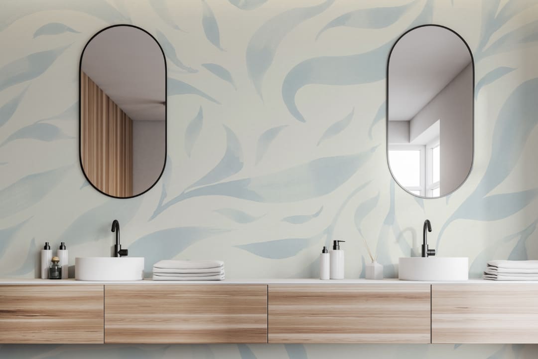 Blue Watercolor Floating Leaves Mural